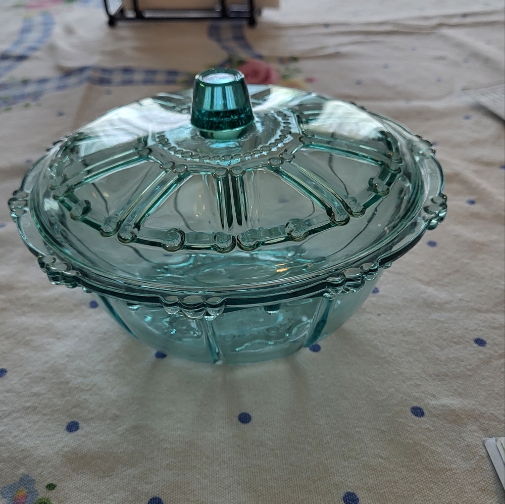 Green glass candy dish